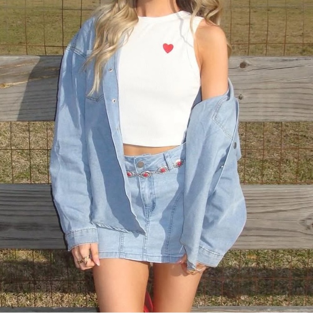 White Crop Top with Red Heart and Denim Jacket Set